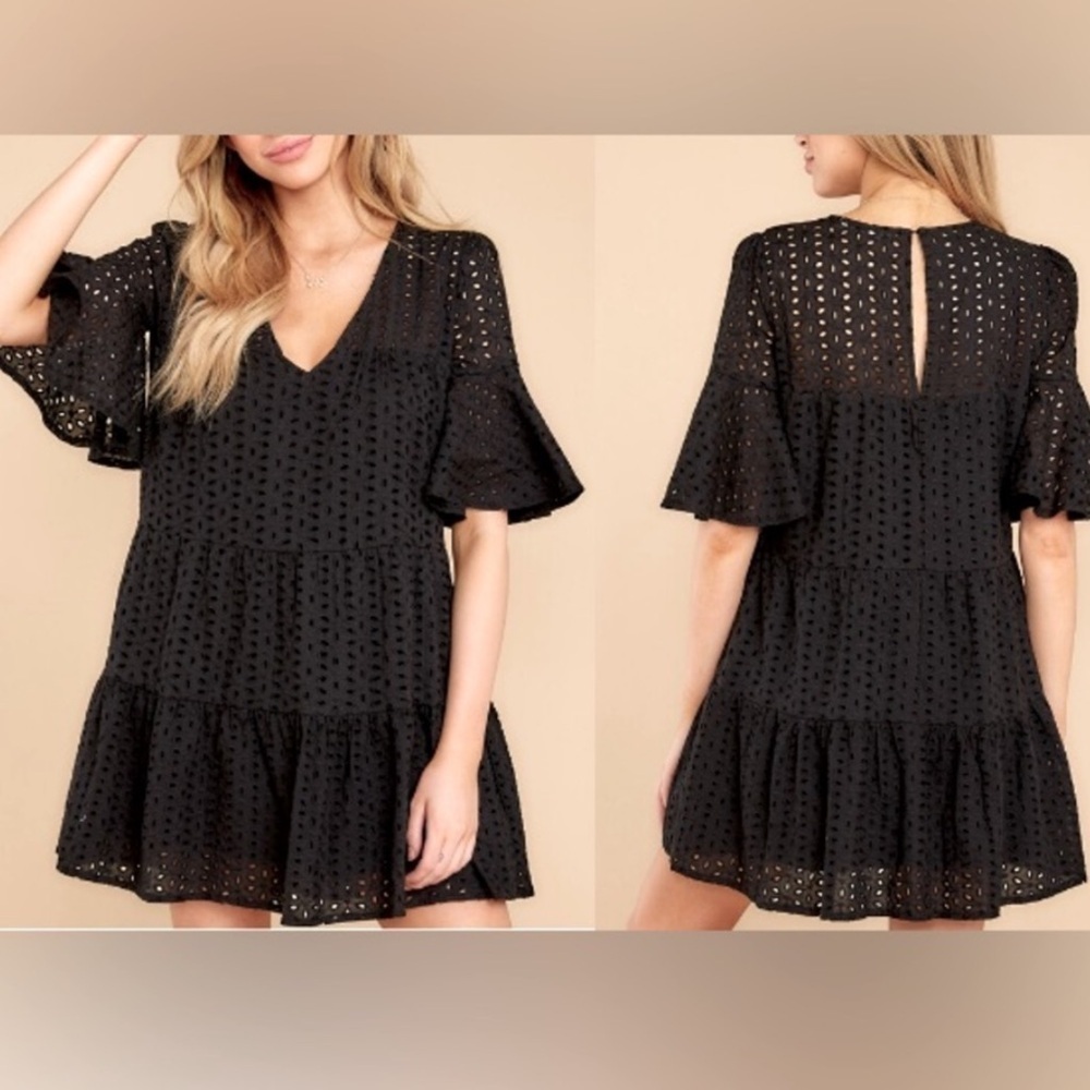 Mustard Seed Black Eyelet Short Swing Dress Size small lined
